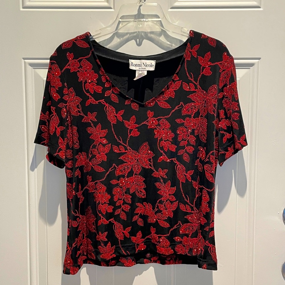 Vintage Ronni Nicole Ouida Red Black V-Cut Stretch Glitter Floral Top XL (Small)